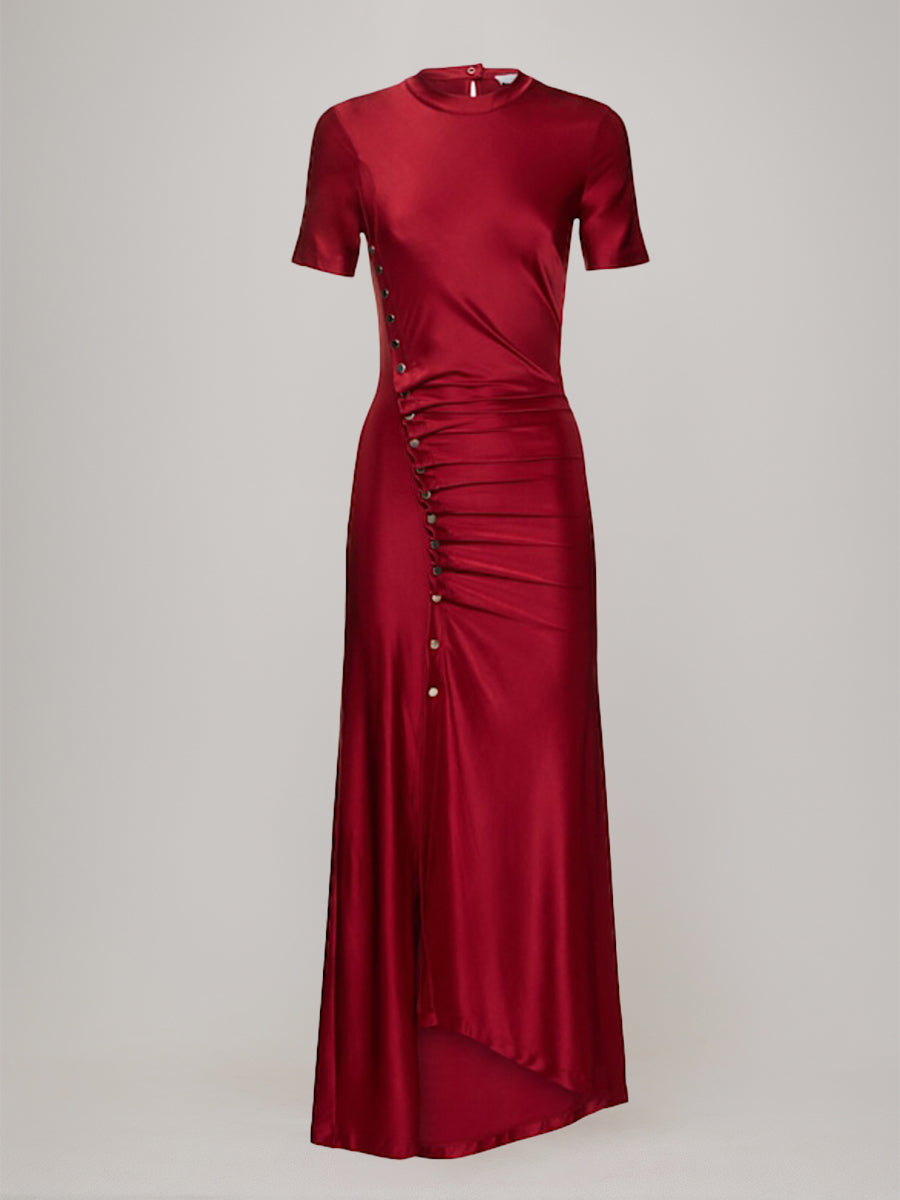 Sheath/Column Scoop Short Sleeves Asymmetrical Wedding Guest Dress with Bottons & Ruches