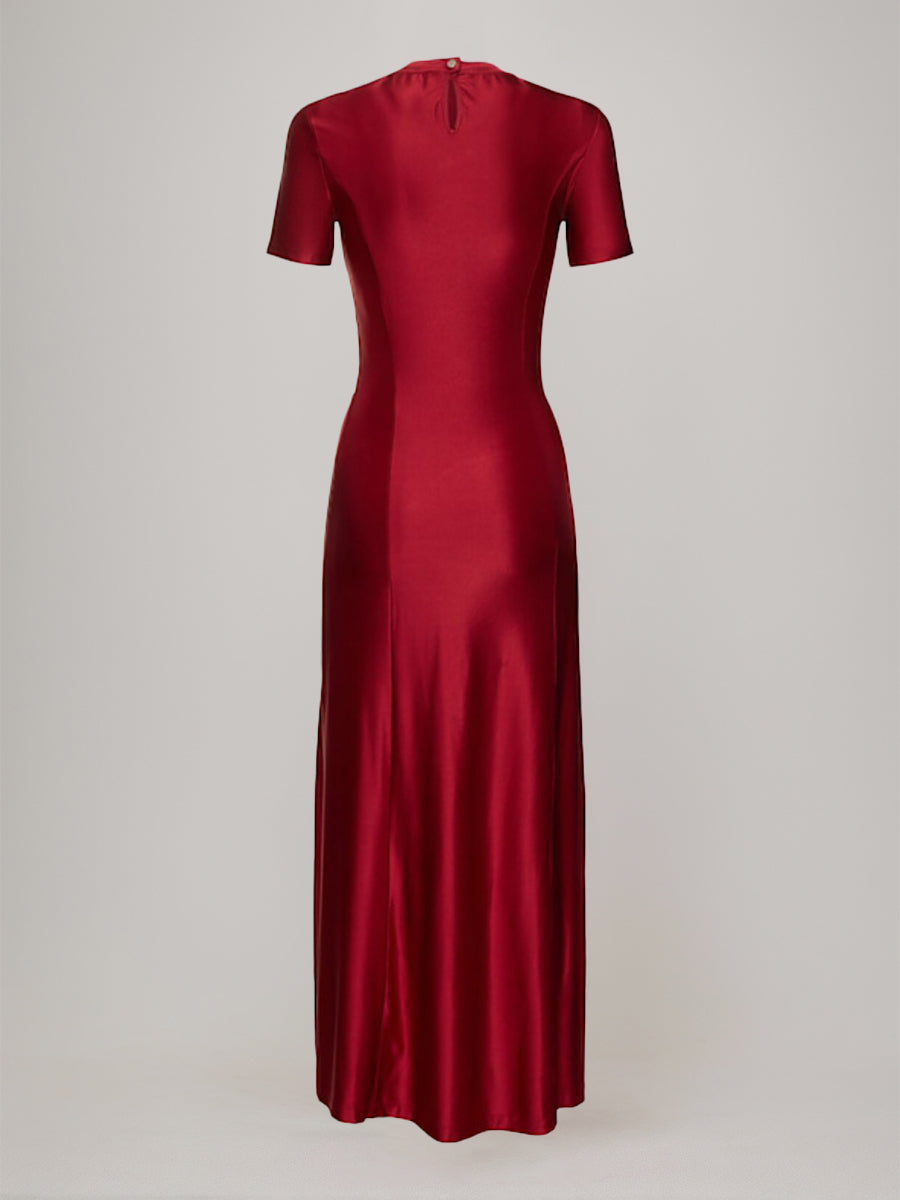 Sheath/Column Scoop Short Sleeves Asymmetrical Wedding Guest Dress with Bottons & Ruches