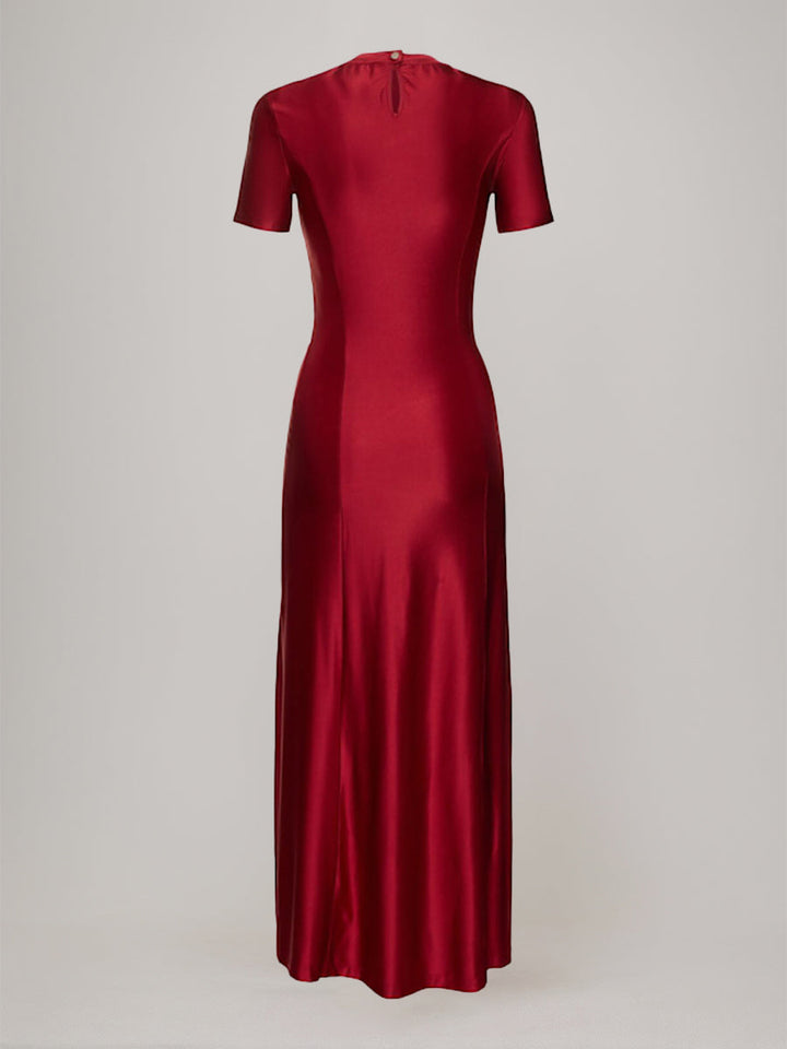 Sheath/Column Scoop Short Sleeves Asymmetrical Wedding Guest Dress with Bottons & Ruches