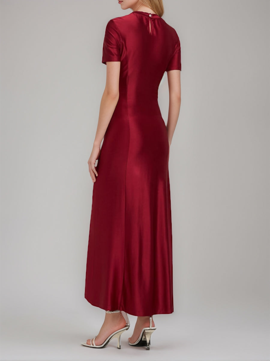 Sheath/Column Scoop Short Sleeves Asymmetrical Wedding Guest Dress with Bottons & Ruches