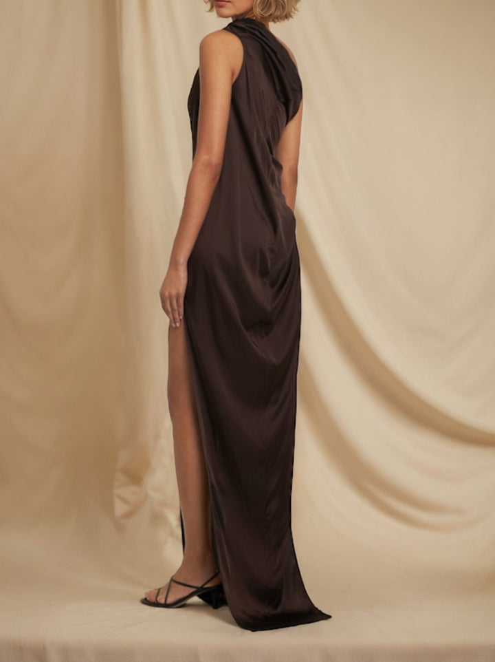 Sheath/Column One-Shoulder Sleeveless Wedding Guest Dress with Ruches & High Split