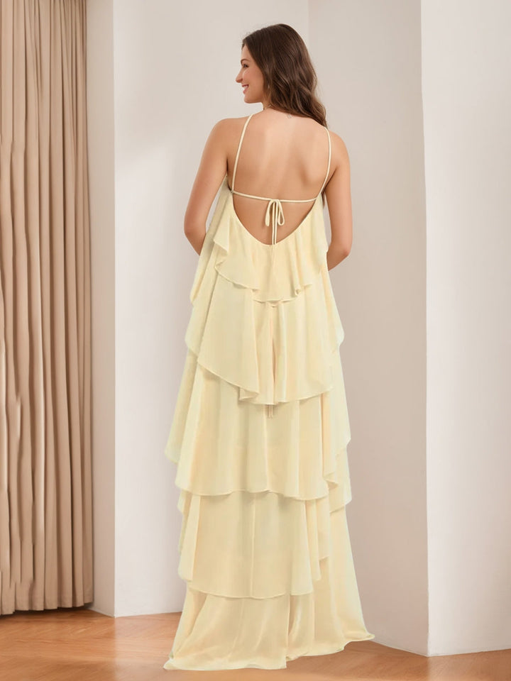 A-Line/Princess Halter Sleeveless Sweet Wedding Guest Dress with Opened Back & Ruffles