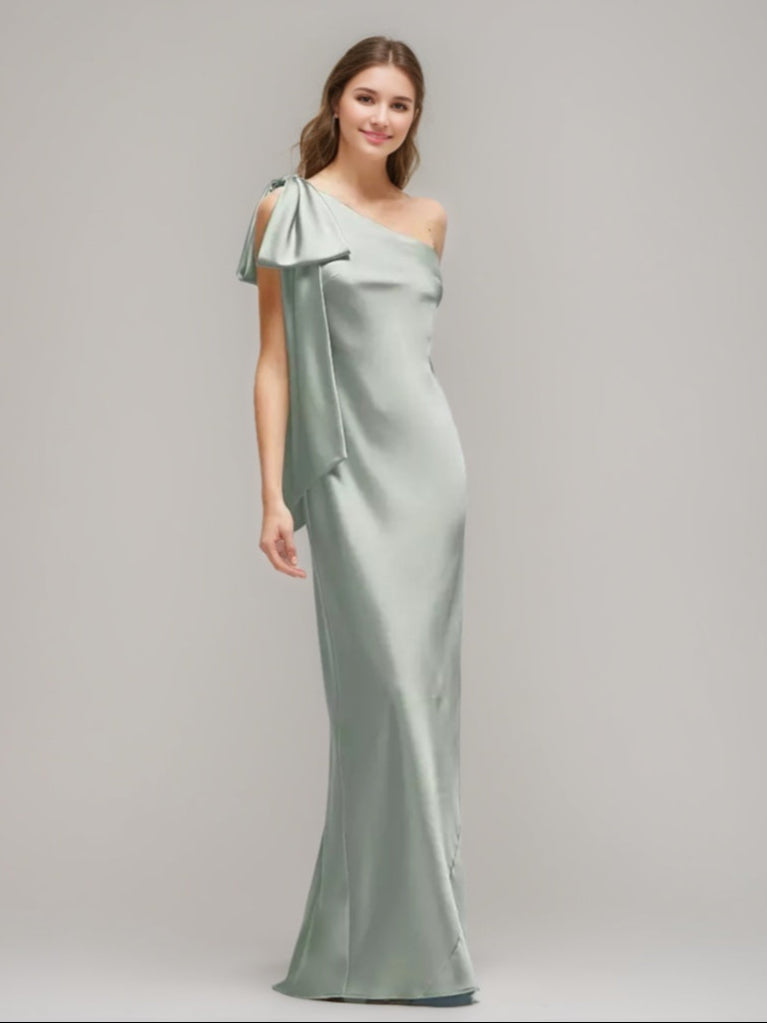 Sheath/Column One-shoulder Floor-length Wedding Guest Dress with Bow & Slit