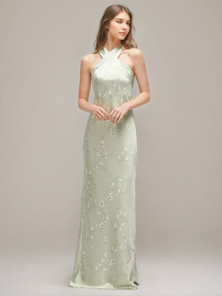 Sheath/Column Criss-cross Halter Ruched Floor-length Printed Floral Wedding Guest Dress with Self-tie Bow