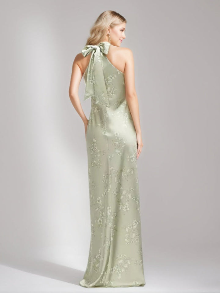 Sheath/Column Criss-cross Halter Ruched Floor-length Printed Floral Wedding Guest Dress with Self-tie Bow