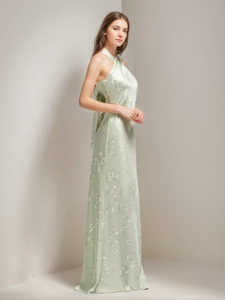 Sheath/Column Criss-cross Halter Ruched Floor-length Printed Floral Wedding Guest Dress with Self-tie Bow