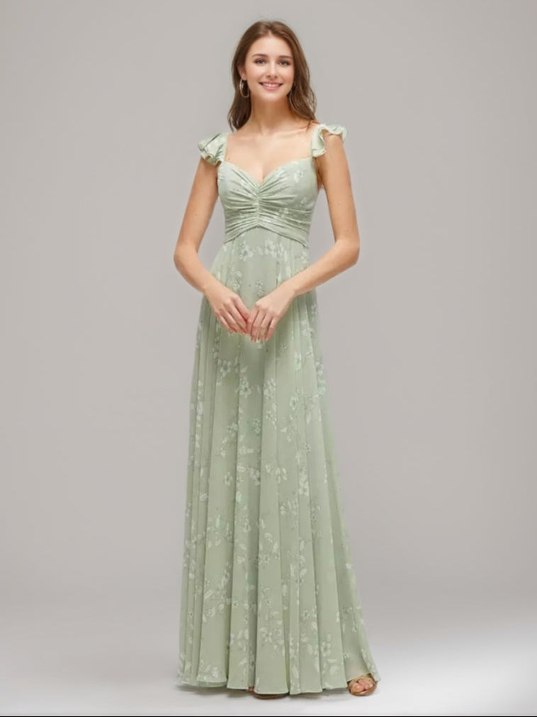 Sheath/Column Floor-length Ruched Printed Floral Wedding Guest Dress with Pleats & Convertible Ruffle Straps