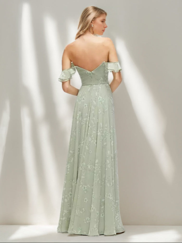 Sheath/Column Floor-length Ruched Printed Floral Wedding Guest Dress with Pleats & Convertible Ruffle Straps