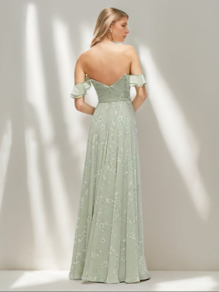 Sheath/Column Floor-length Ruched Printed Floral Wedding Guest Dress with Pleats & Convertible Ruffle Straps