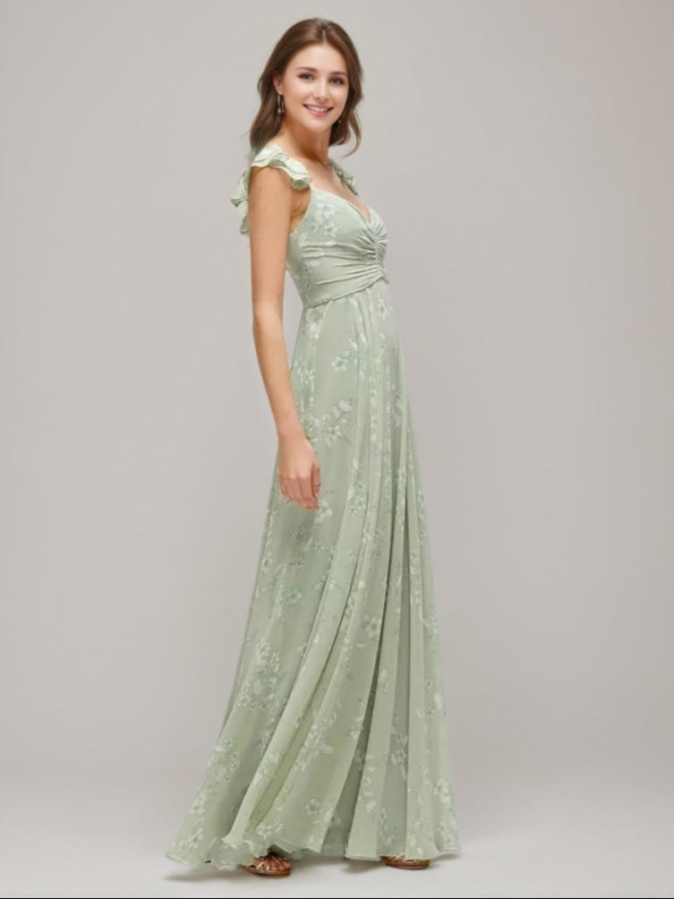 Sheath/Column Floor-length Ruched Printed Floral Wedding Guest Dress with Pleats & Convertible Ruffle Straps
