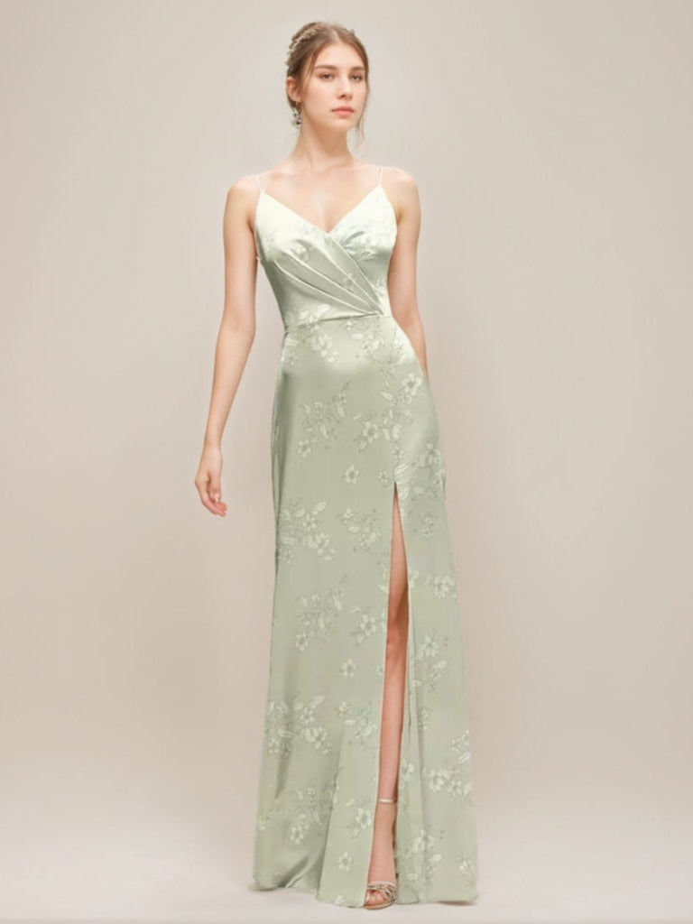Sheath/Column Spaghetti Straps V-neck Ruched Printed Floral Wedding Guest Dress with High Slit