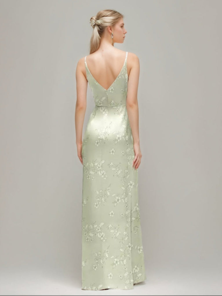 Sheath/Column Spaghetti Straps V-neck Ruched Printed Floral Wedding Guest Dress with High Slit