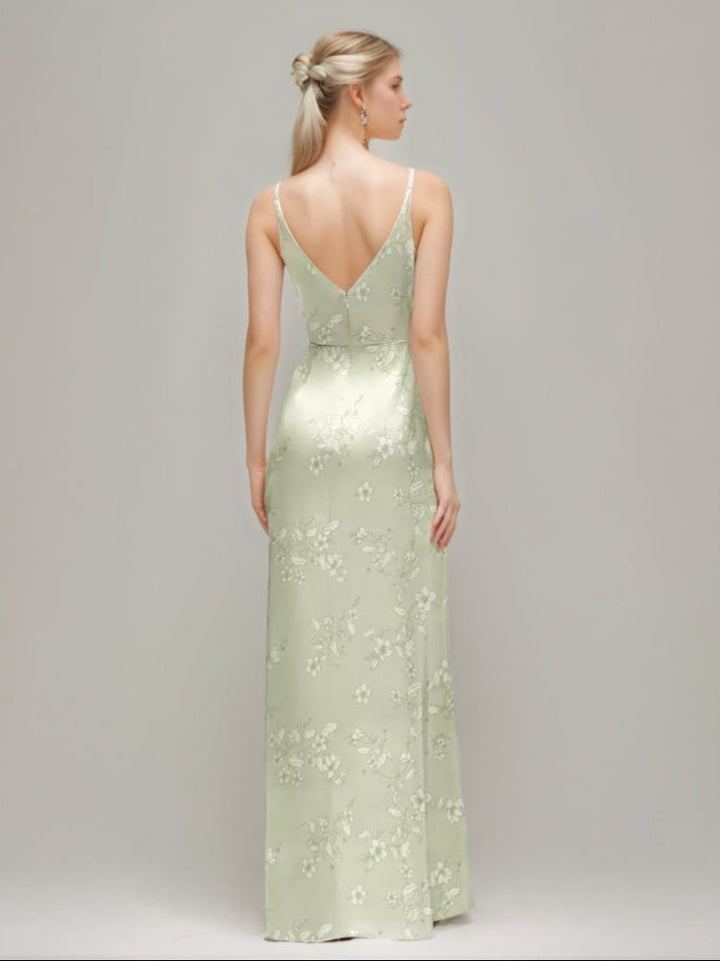 Sheath/Column Spaghetti Straps V-neck Ruched Printed Floral Wedding Guest Dress with High Slit