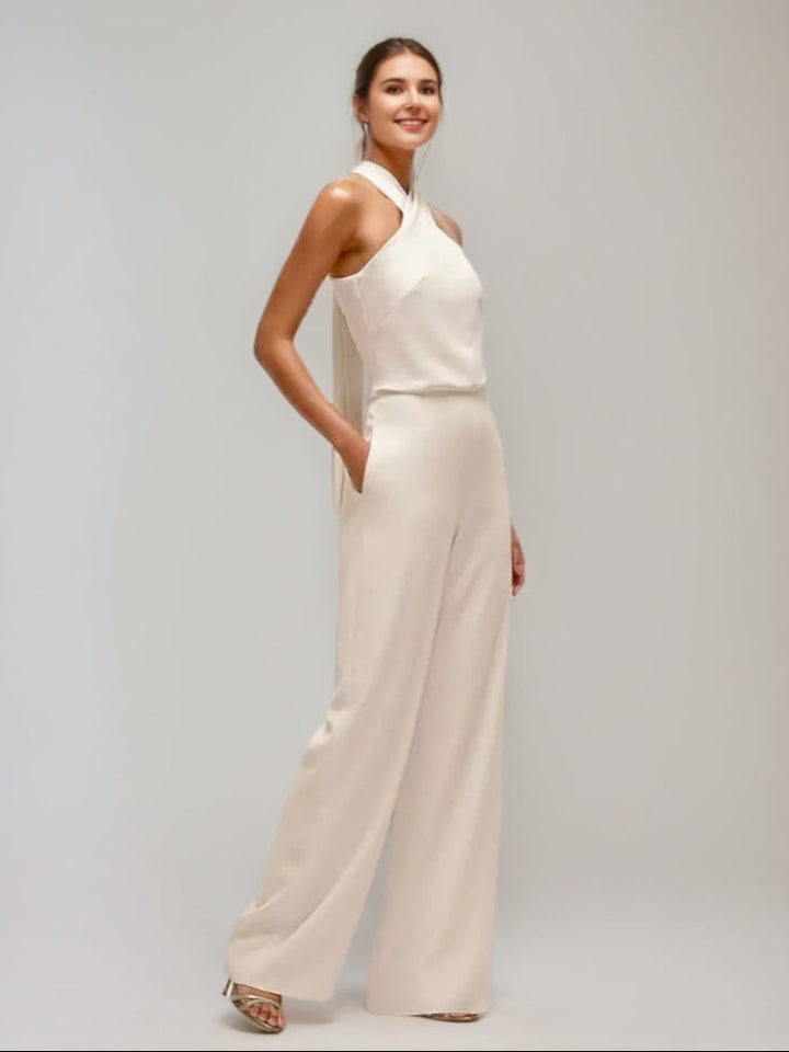 Criss-cross Halter Ruched Sleeveless Wedding Guest Jumpsuit with Self-tie Bow & Pockets