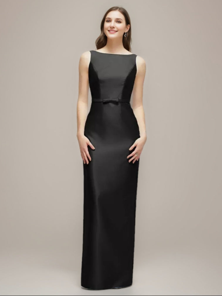 Sheath/Column Jewel Neck Sleeveless Wedding Guest Dress with Bow Belt & Slit