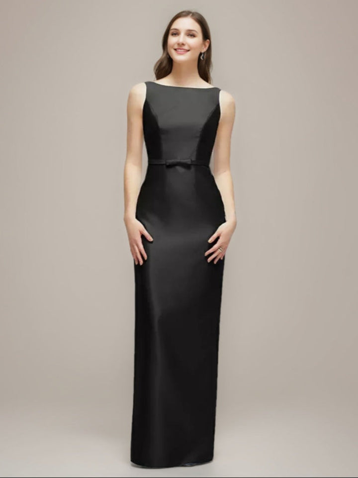 Sheath/Column Jewel Neck Sleeveless Wedding Guest Dress with Bow Belt & Slit