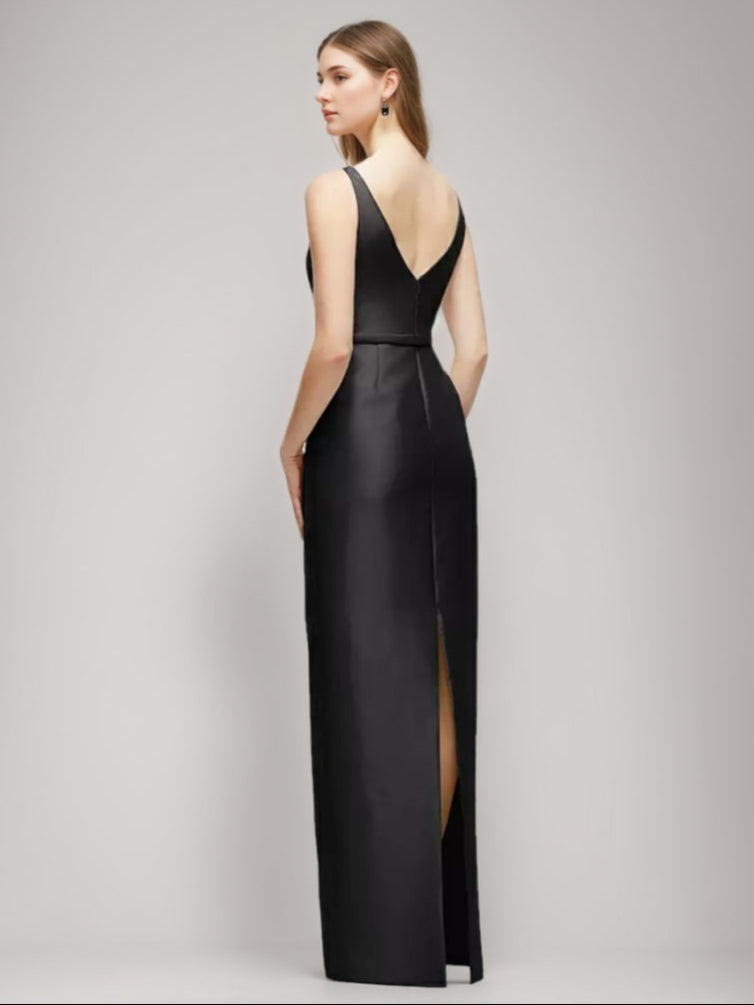 Sheath/Column Jewel Neck Sleeveless Wedding Guest Dress with Bow Belt & Slit
