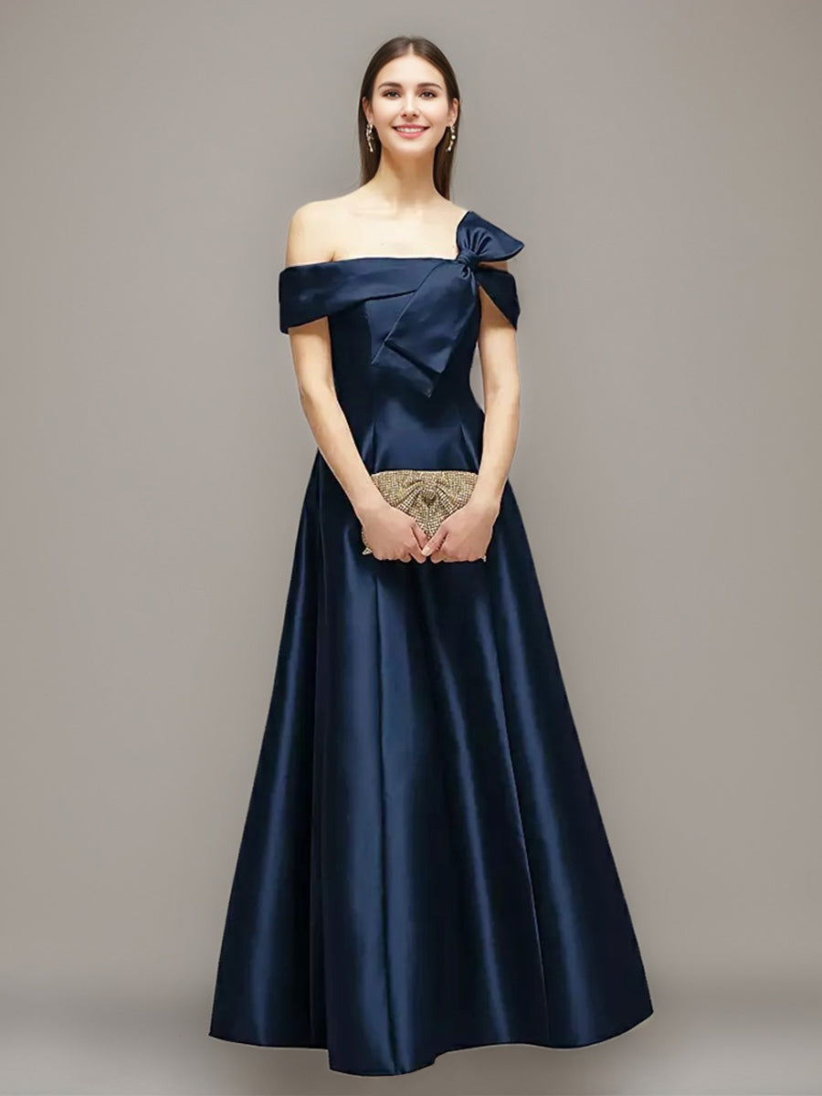 A-line/Princess Romantic Off-the-shoulder Floor-Length Wedding Guest Dress with Bow