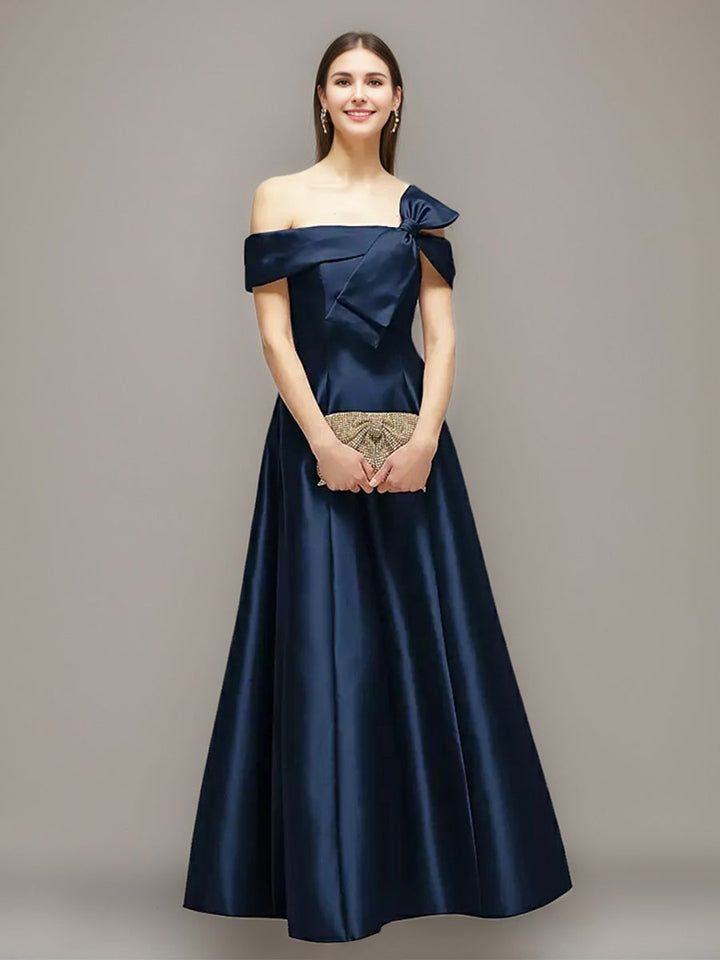 A-line/Princess Romantic Off-the-shoulder Floor-Length Wedding Guest Dress with Bow