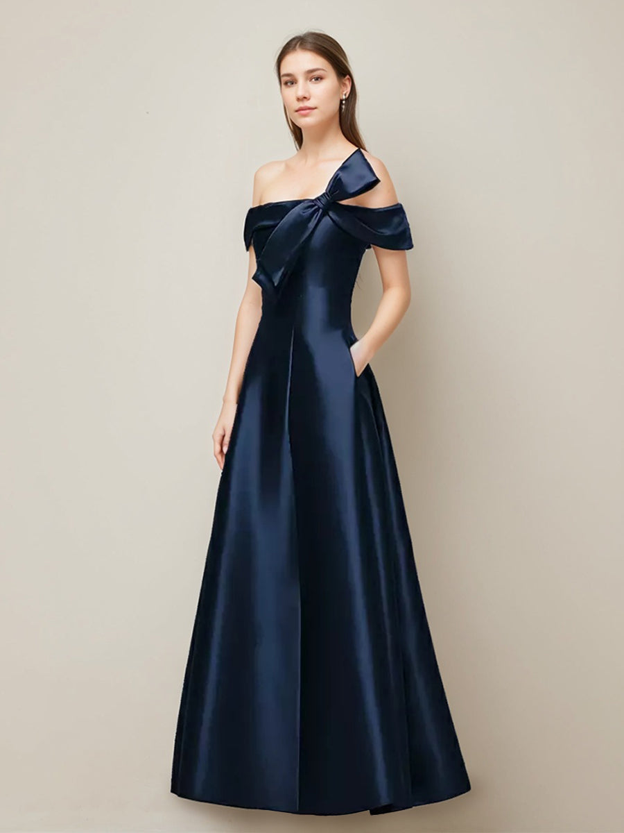 A-line/Princess Romantic Off-the-shoulder Floor-Length Wedding Guest Dress with Bow