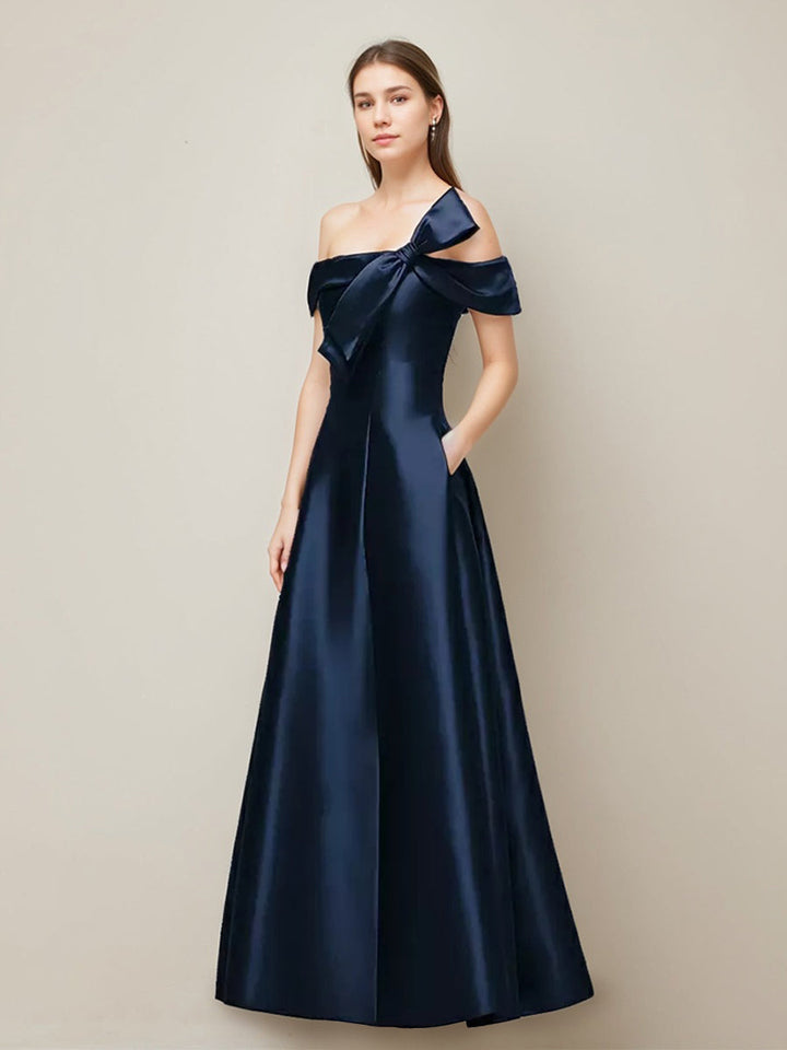 A-line/Princess Romantic Off-the-shoulder Floor-Length Wedding Guest Dress with Bow