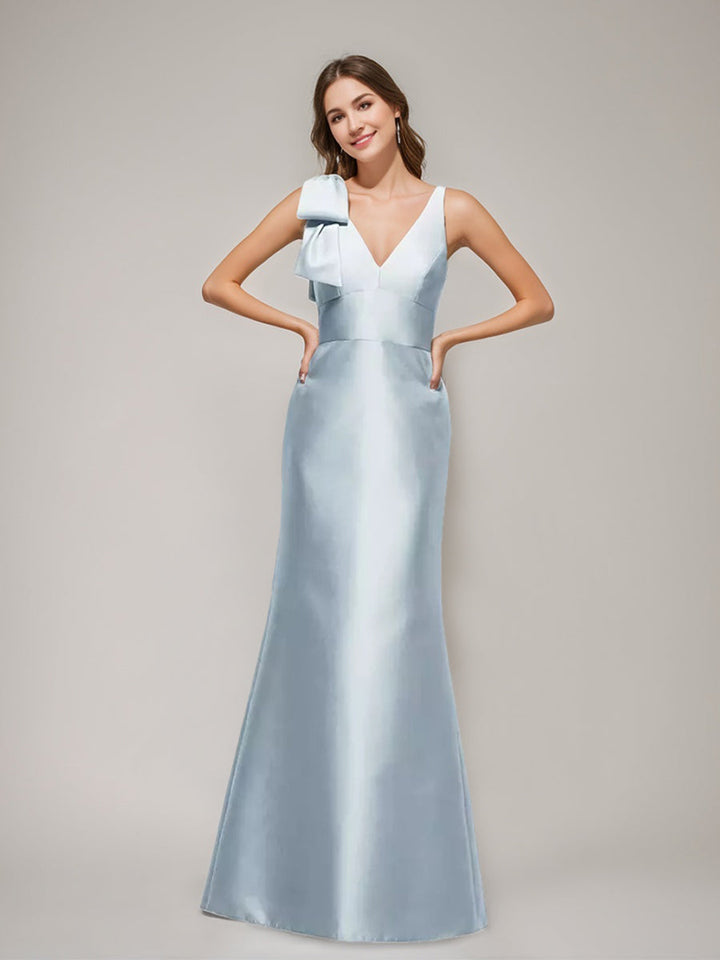 Trumpet/Mermaid V-neck Sleeveless Floor-Length Wedding Guest Dress with Bow