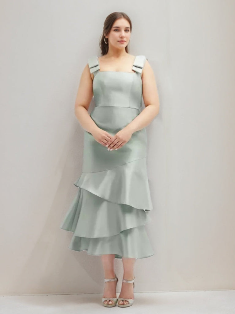 A-line/Princess Square Neckline Tea-Length Wedding Guest Dress with Ruffles & Bowknot Straps