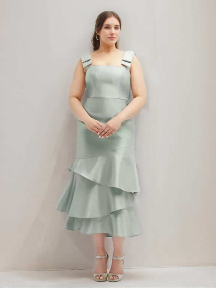 A-line/Princess Square Neckline Tea-Length Wedding Guest Dress with Ruffles & Bowknot Straps