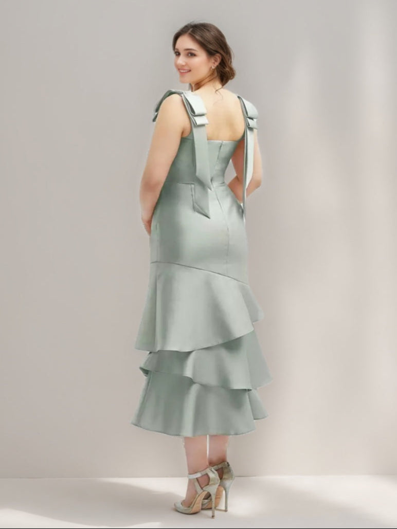 A-line/Princess Square Neckline Tea-Length Wedding Guest Dress with Ruffles & Bowknot Straps