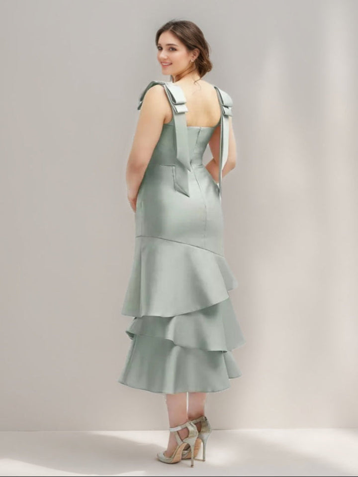 A-line/Princess Square Neckline Tea-Length Wedding Guest Dress with Ruffles & Bowknot Straps