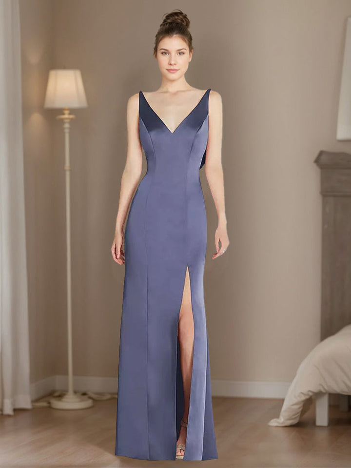 Sheath/Column V-neck Sleeveless Cowl-back Floor-Length Wedding Guest Dress with Pleats & Slit
