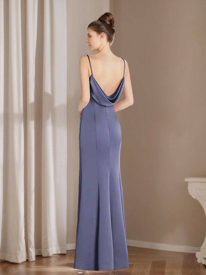 Sheath/Column V-neck Sleeveless Cowl-back Floor-Length Wedding Guest Dress with Pleats & Slit