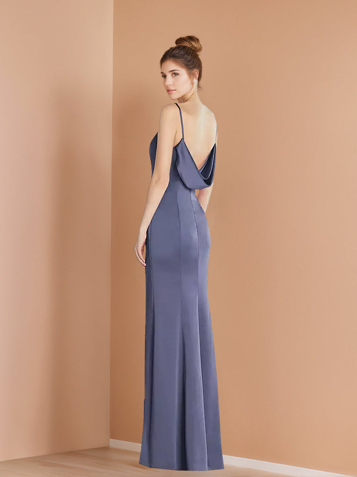 Sheath/Column V-neck Sleeveless Cowl-back Floor-Length Wedding Guest Dress with Pleats & Slit