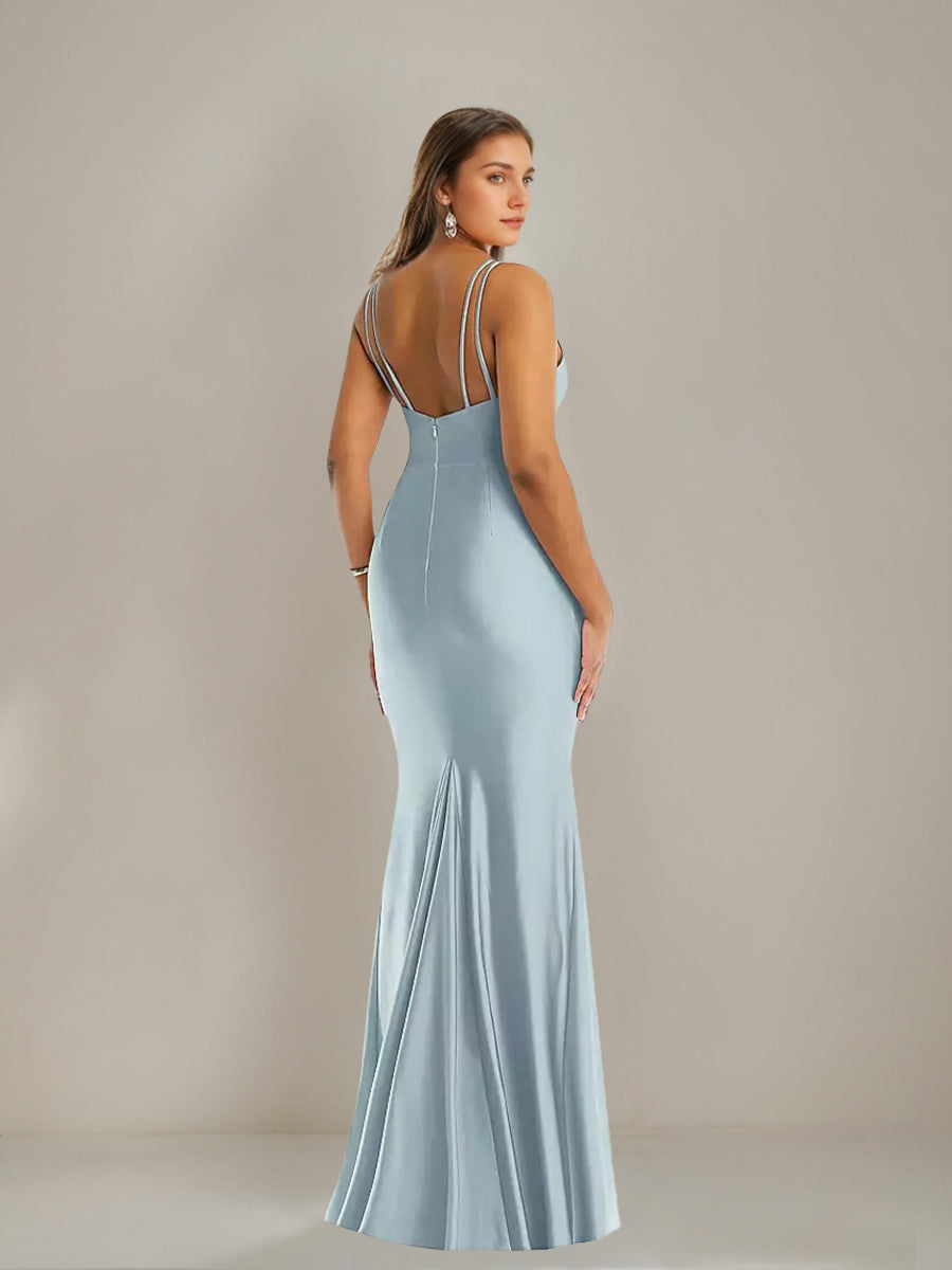 Trumpet/Mermaid Spaghetti Straps Deep V-Neck Ruched Wedding Guest Dress with Pleats & Slit