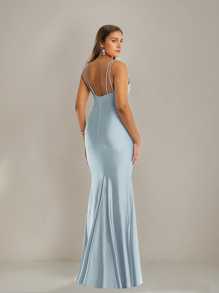 Trumpet/Mermaid Spaghetti Straps Deep V-Neck Ruched Wedding Guest Dress with Pleats & Slit