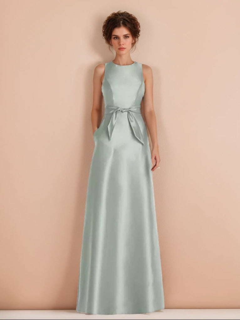 A-line/Princess Jewel Neck Sleeveless Floor-Length Wedding Guest Dress with Bow Sash & Pockets