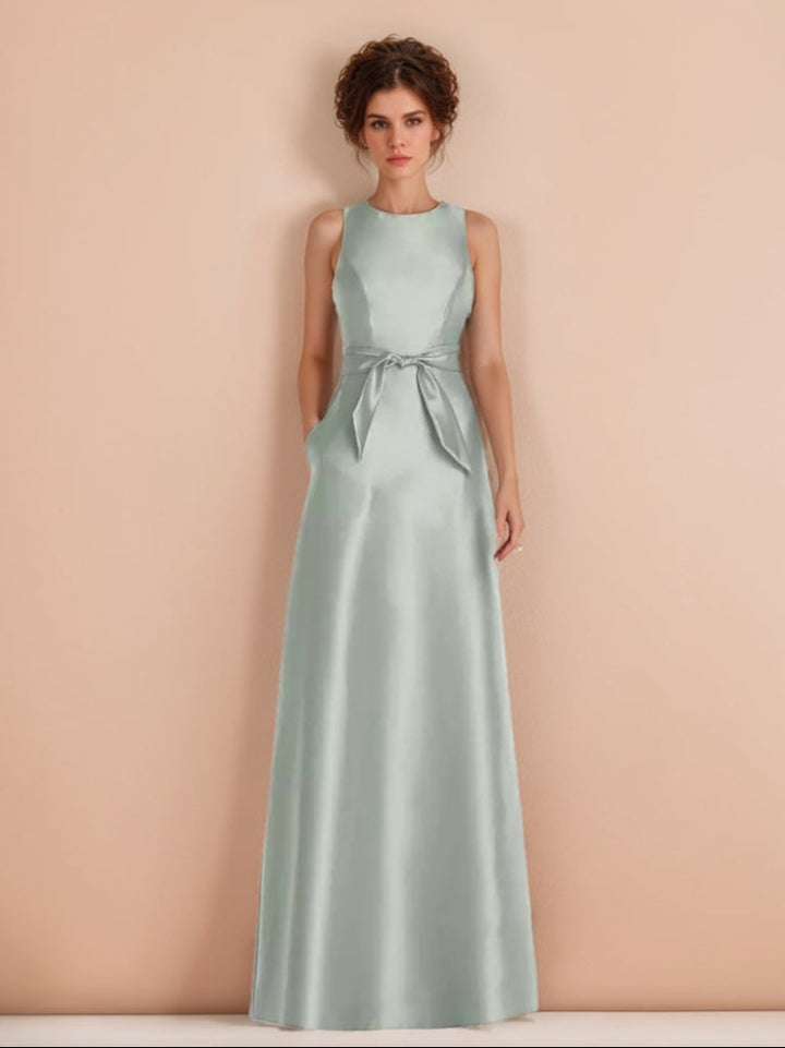 A-line/Princess Jewel Neck Sleeveless Floor-Length Wedding Guest Dress with Bow Sash & Pockets