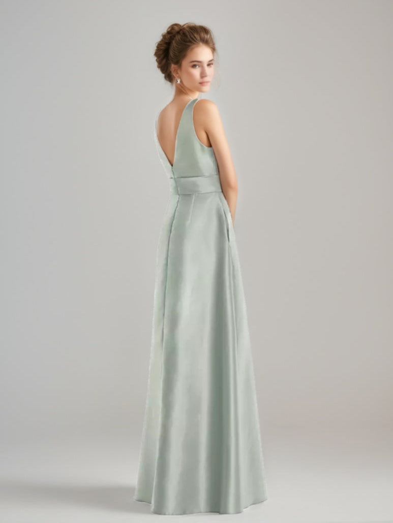 A-line/Princess Jewel Neck Sleeveless Floor-Length Wedding Guest Dress with Bow Sash & Pockets