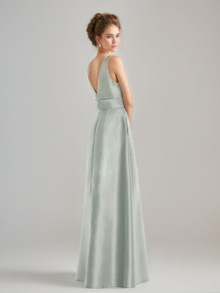 A-line/Princess Jewel Neck Sleeveless Floor-Length Wedding Guest Dress with Bow Sash & Pockets