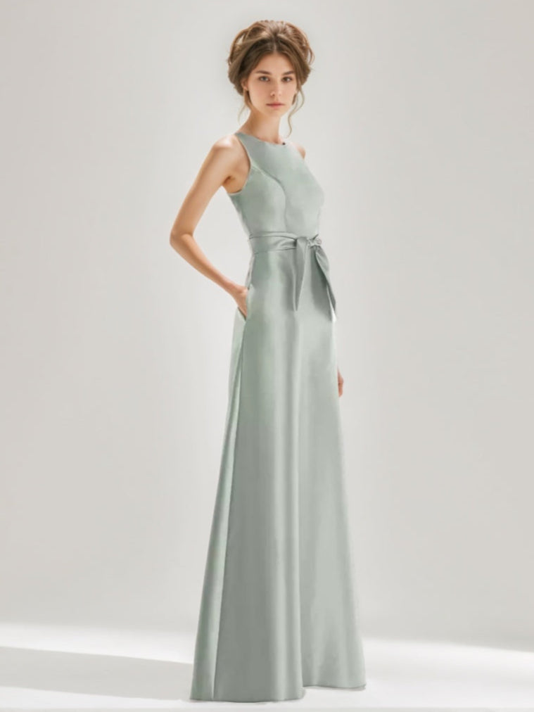 A-line/Princess Jewel Neck Sleeveless Floor-Length Wedding Guest Dress with Bow Sash & Pockets