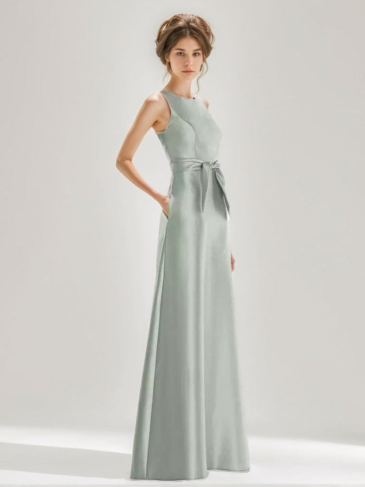 A-line/Princess Jewel Neck Sleeveless Floor-Length Wedding Guest Dress with Bow Sash & Pockets
