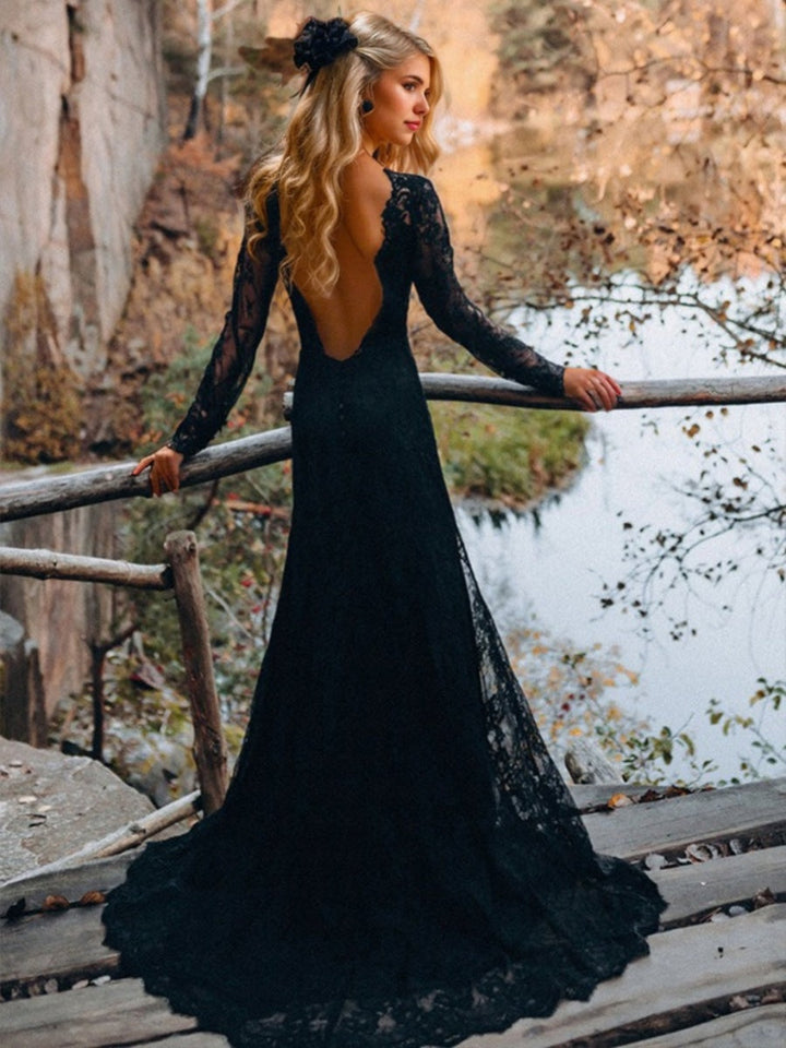 Sheath/Column Sexy Jewel Neck Long Sleeves Backless Sweep Train Black Wedding Dresses with Side Slit