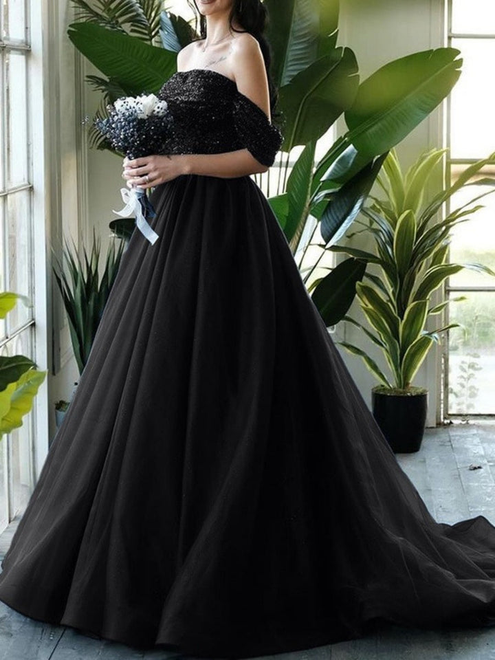 Ball-Gown Off-the-Shoulder Sweep Train Sequined Black Wedding Dresses