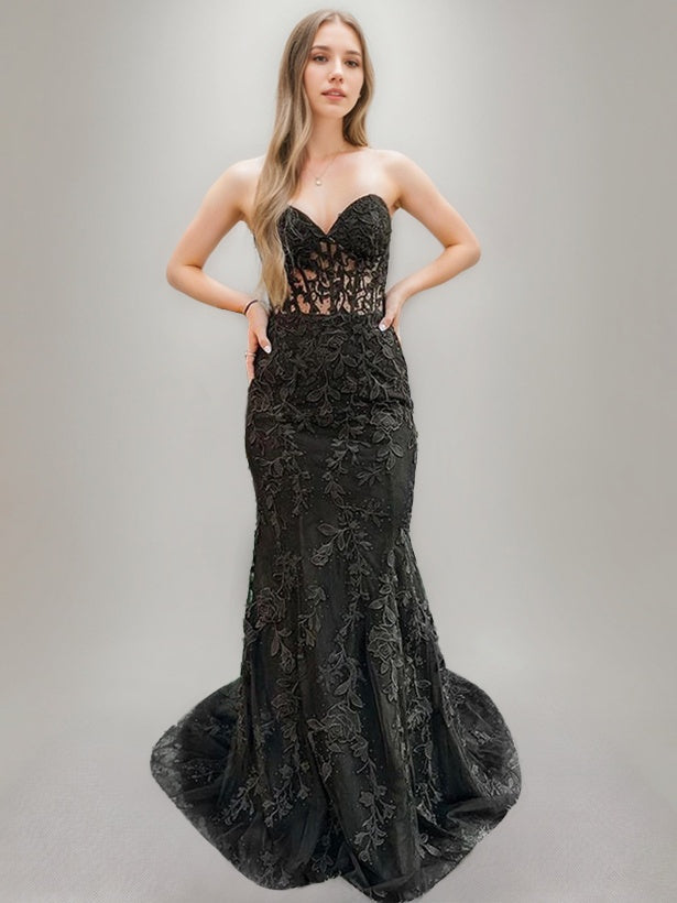 Trumpet/Mermaid Sweetheart Strapless Sleeveless Black Wedding Dresses Lace-Up & Appliques