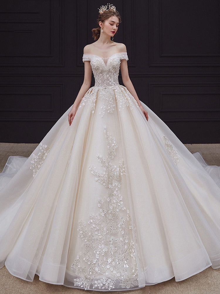 Ball Gown Off-The-Shoulder Floor-Length Pleated Wedding Dresses with Lace Appliques