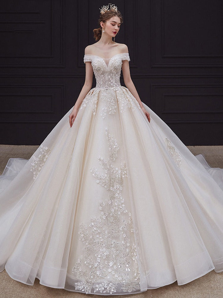 Ball Gown Off-The-Shoulder Floor-Length Pleated Wedding Dresses with Lace Appliques