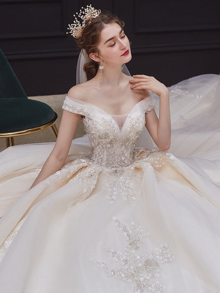 Ball Gown Off-The-Shoulder Floor-Length Pleated Wedding Dresses with Lace Appliques