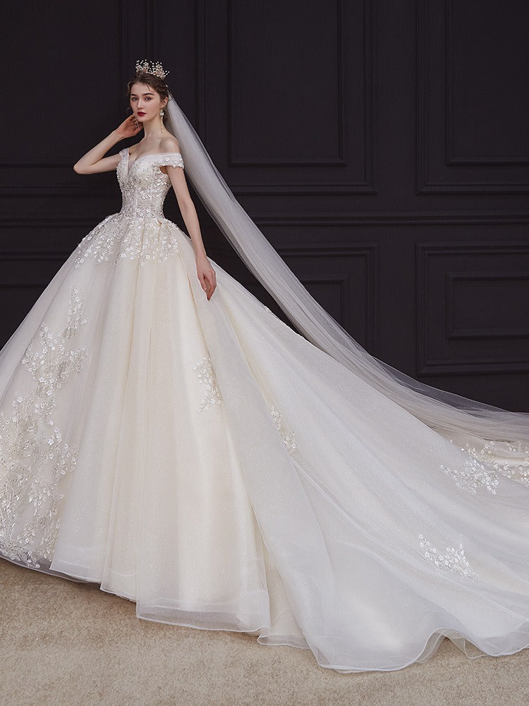 Ball Gown Off-The-Shoulder Floor-Length Pleated Wedding Dresses with Lace Appliques