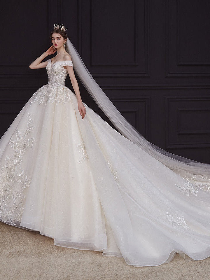 Ball Gown Off-The-Shoulder Floor-Length Pleated Wedding Dresses with Lace Appliques