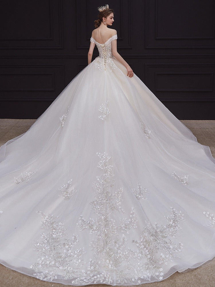 Ball Gown Off-The-Shoulder Floor-Length Pleated Wedding Dresses with Lace Appliques